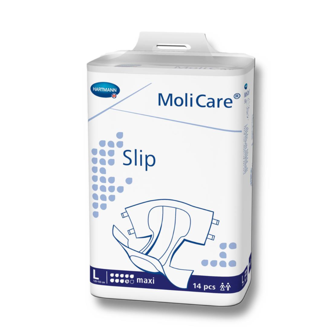Package of MoliCare Unisex Slip Maxi Briefs, size large with heavy absorbency and leak guards, contains 14 pieces. The packaging showcases a blue and white design with a product diagram.